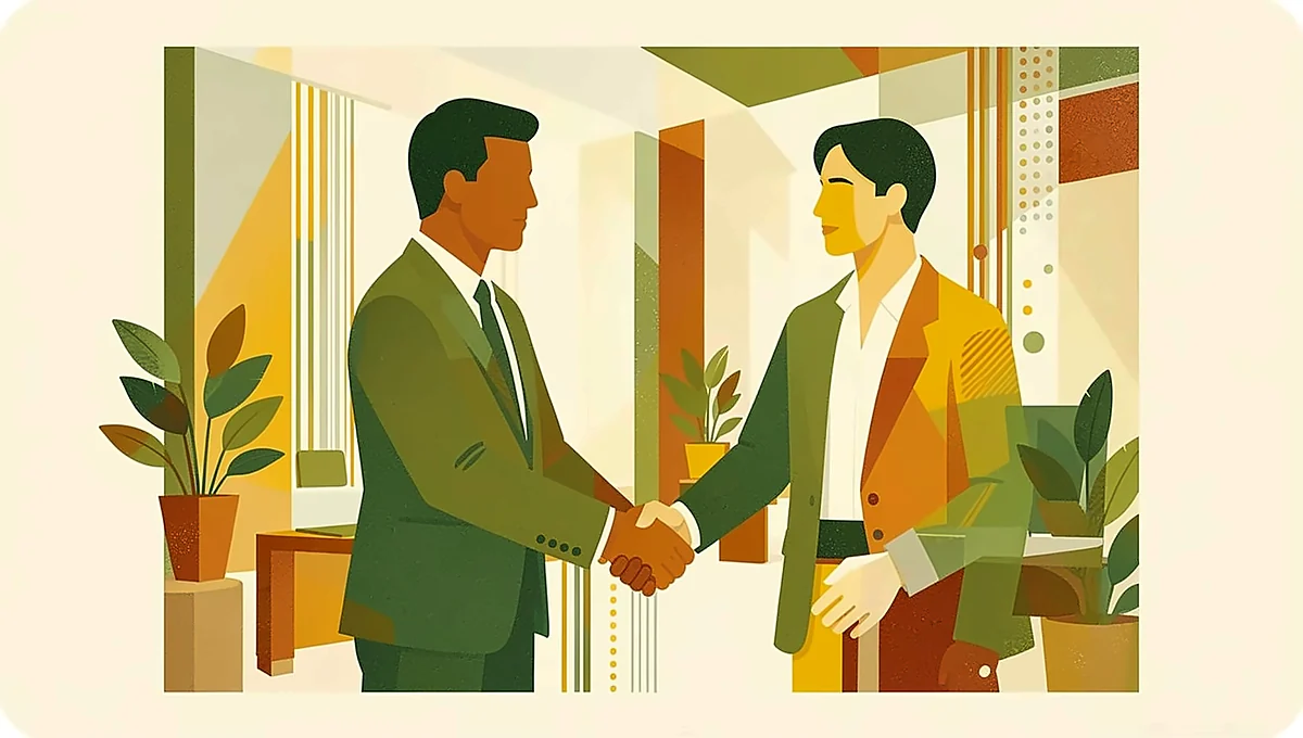 Illustration of a hiring manager and a candidate shaking hands in a bright office with plants
