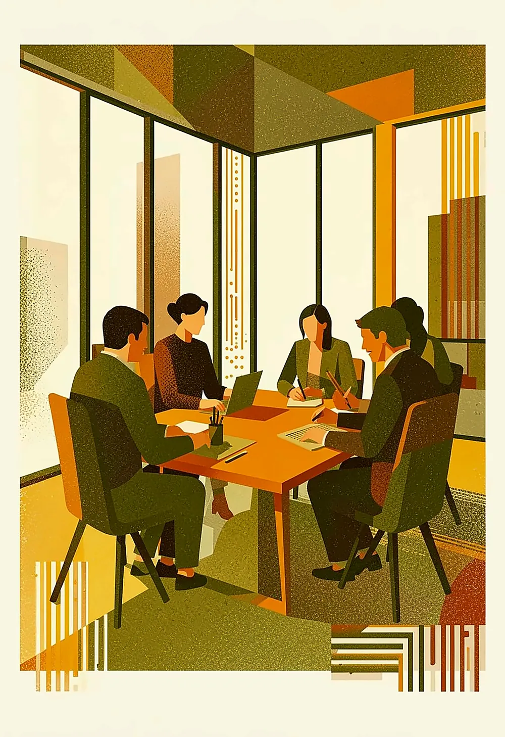 Illustration of a hiring team gathered around a table in a sunlit office, reviewing candidates together