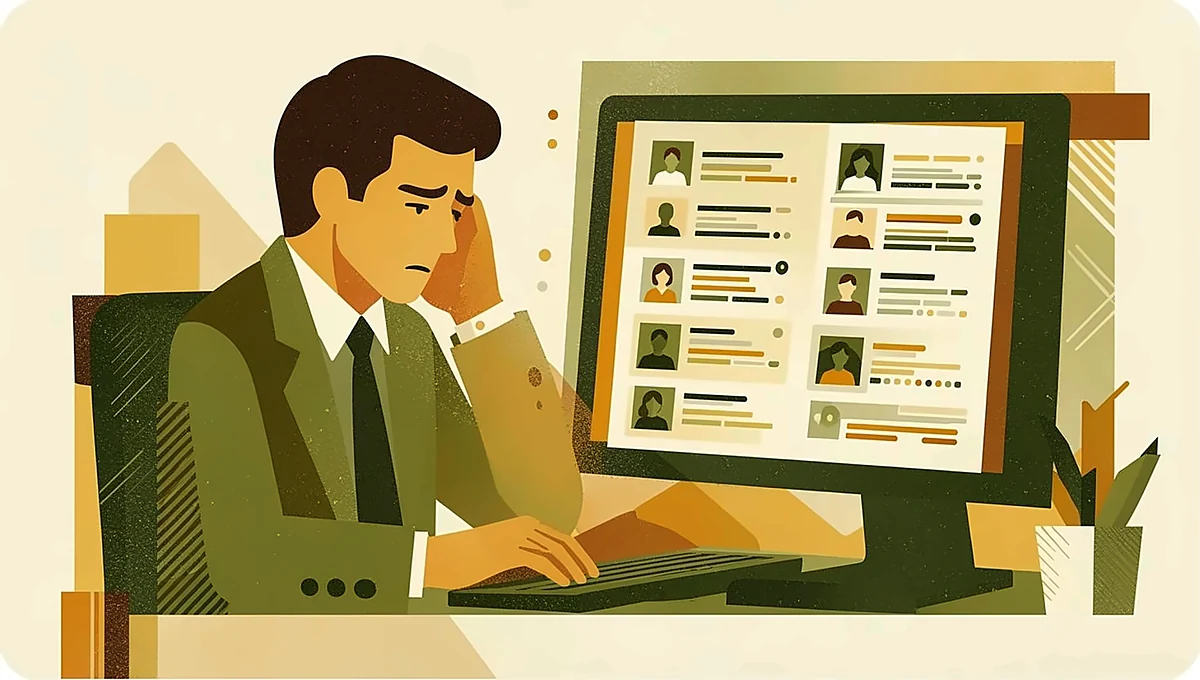 Illustration of a tired recruiter at a computer screen filled with rows of candidate profiles