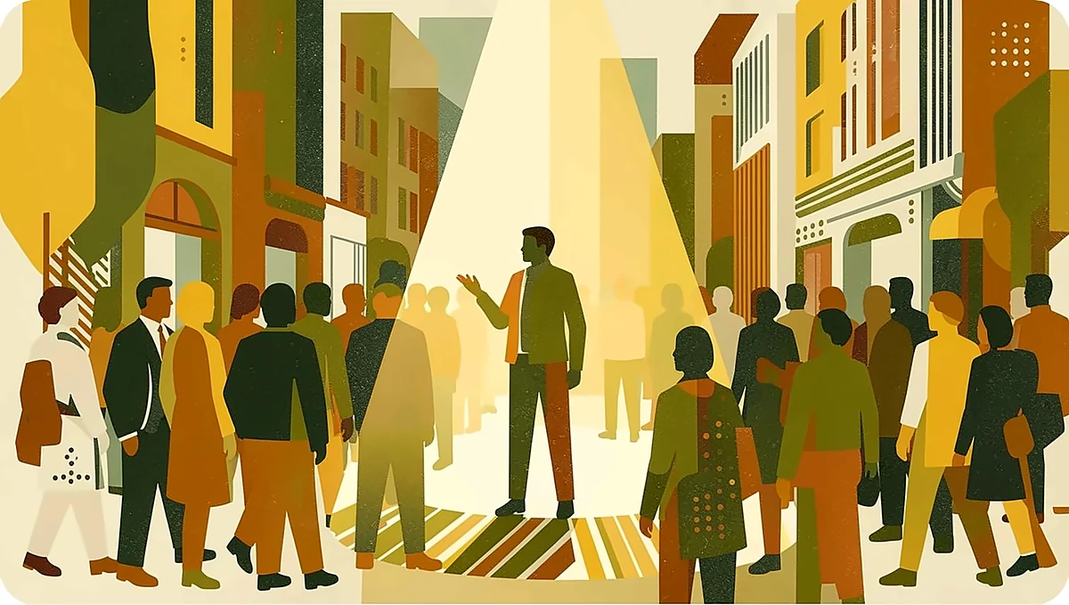 Illustration of a crowded city street where a spotlight picks out one candidate who would otherwise go unseen
